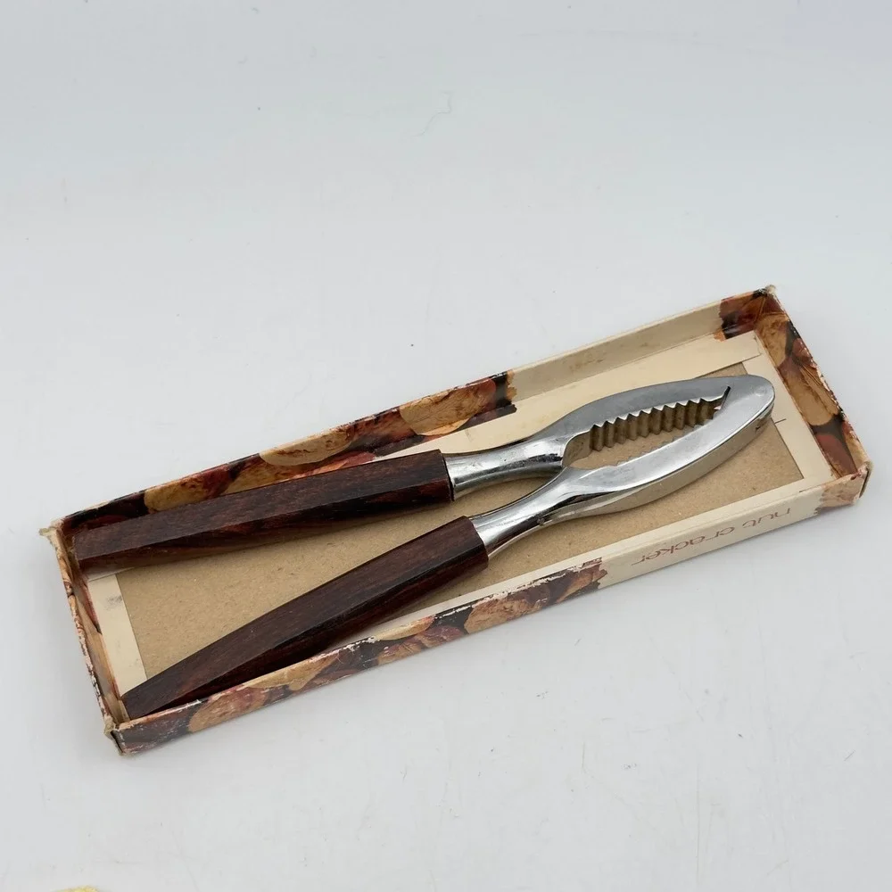 Vintage Mid Century Wood Handle Nut Cracker Chrome Metal Tool with box top MCM